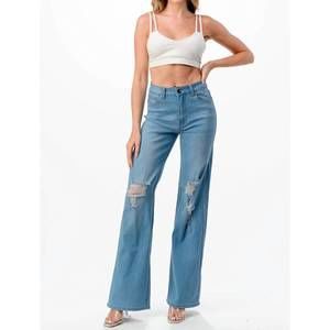 NEW DENIM ZONE high waisted distressed women's wide leg jeans in light blue